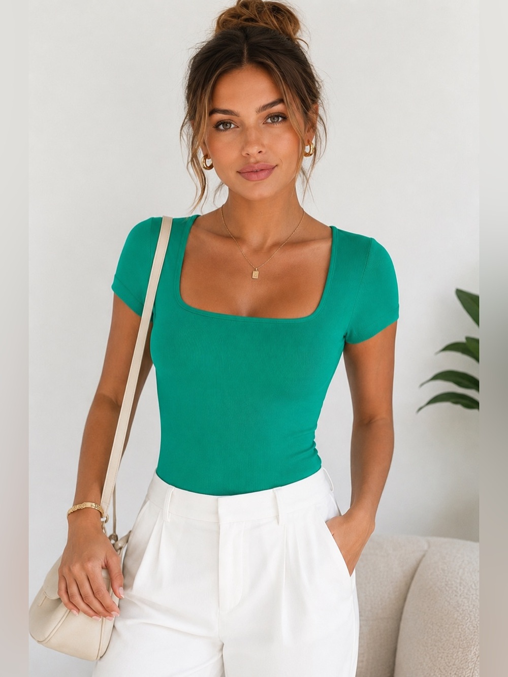 OQQ Ribbed Square Neck Bodysuit Emerald Green Short Sleeve Stretch‎ Large